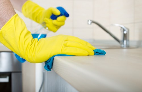 Professional cleaner tidying a living room